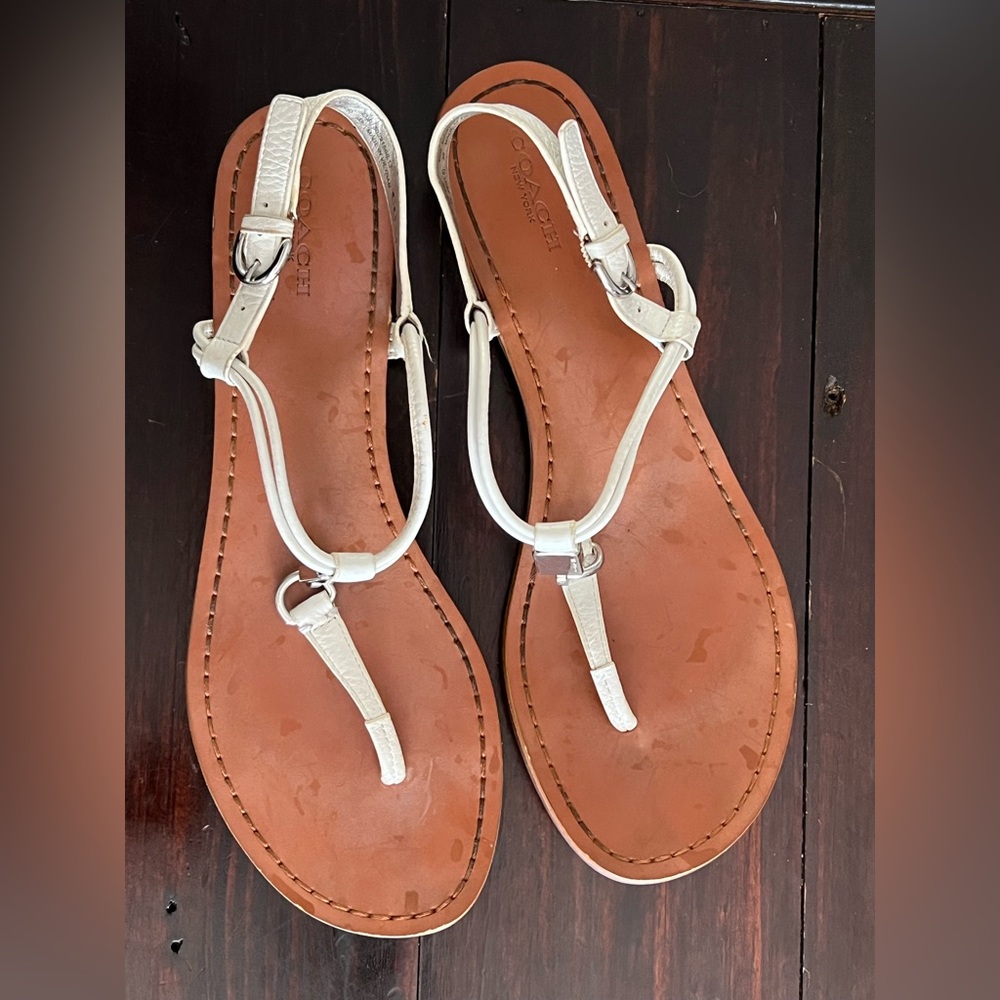 Coach White Leather and Silver Thong Sandals